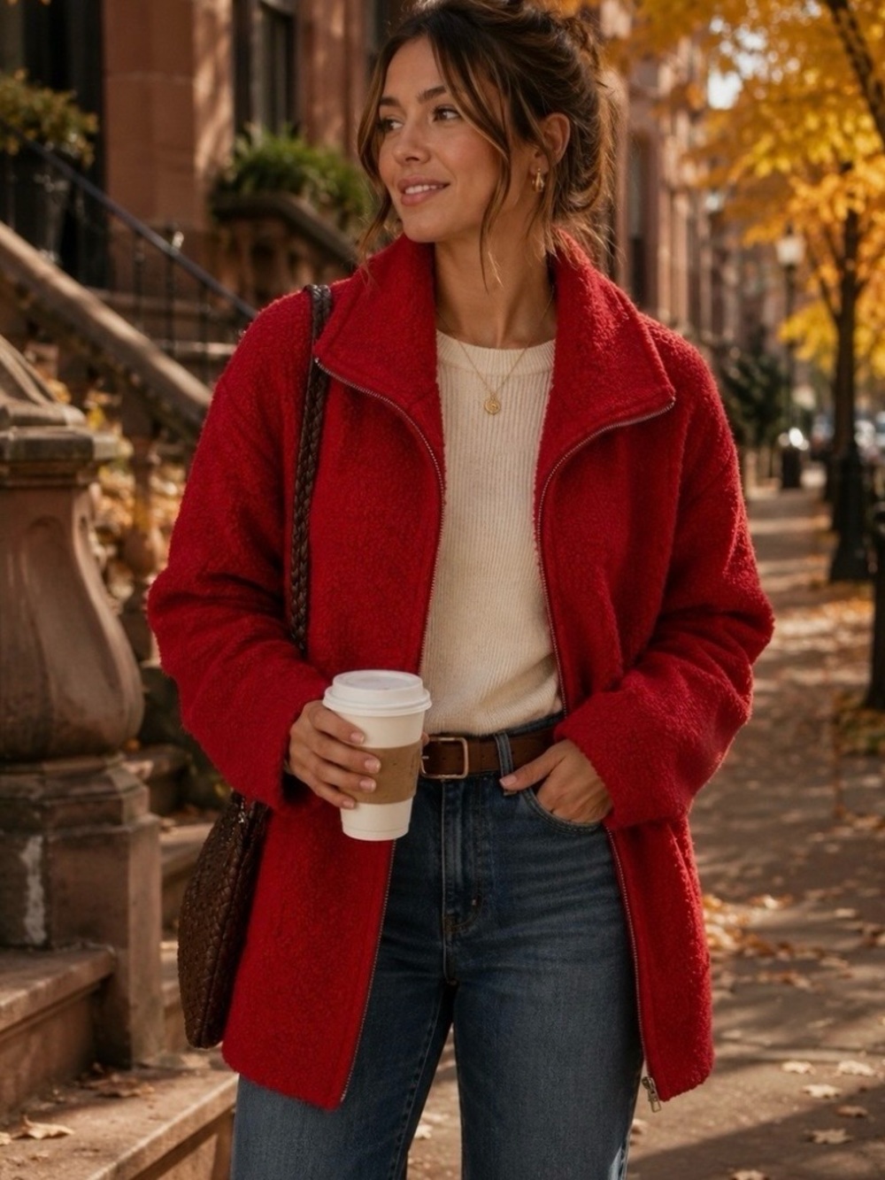 LOFT Red Boucle Zip Jacket